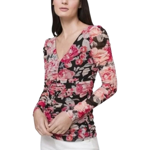WHBM Pink/ Black Whimsigoth Floral Ruched Semi Sheer V Neck Blouse Sz M - Picture 7 of 10